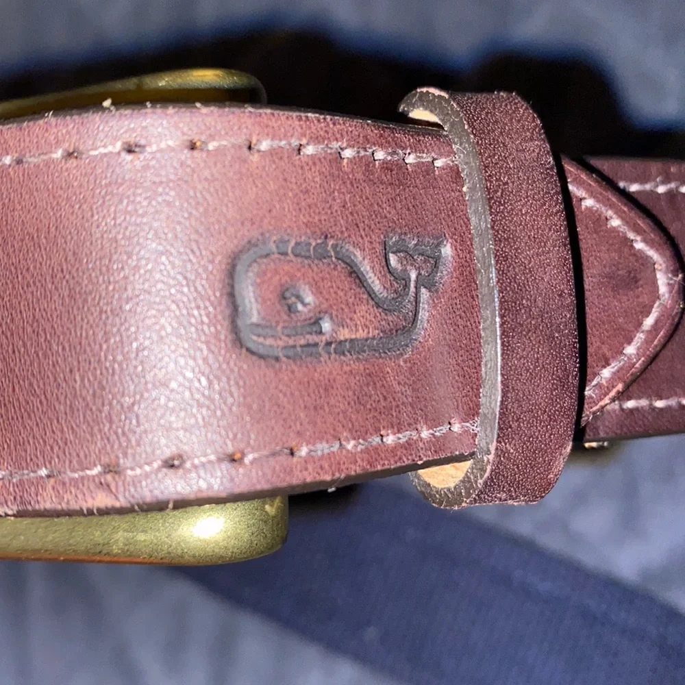 Vineyard Vines Brown Leather & Navy Woven Belt with Yellow Whale Pattern